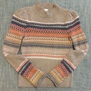 Anthropologie Taupe Fair Isle Mock-Neck Sweater with Pink and Brown Accents XS